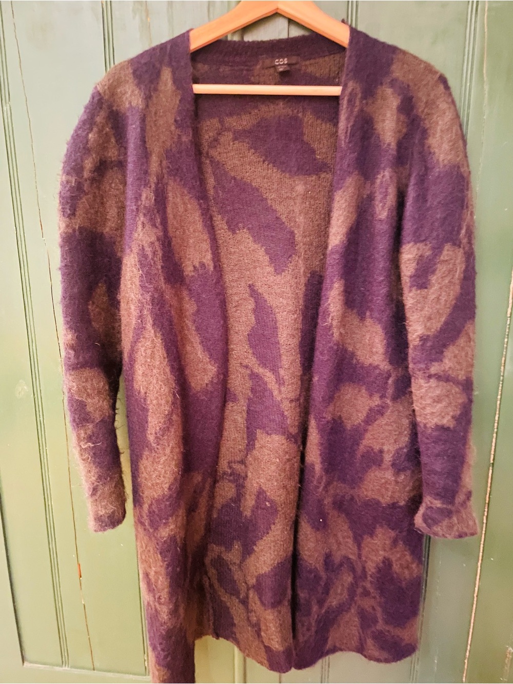 COS Open-Front Long Cardigan Sweater in Purple and Brown